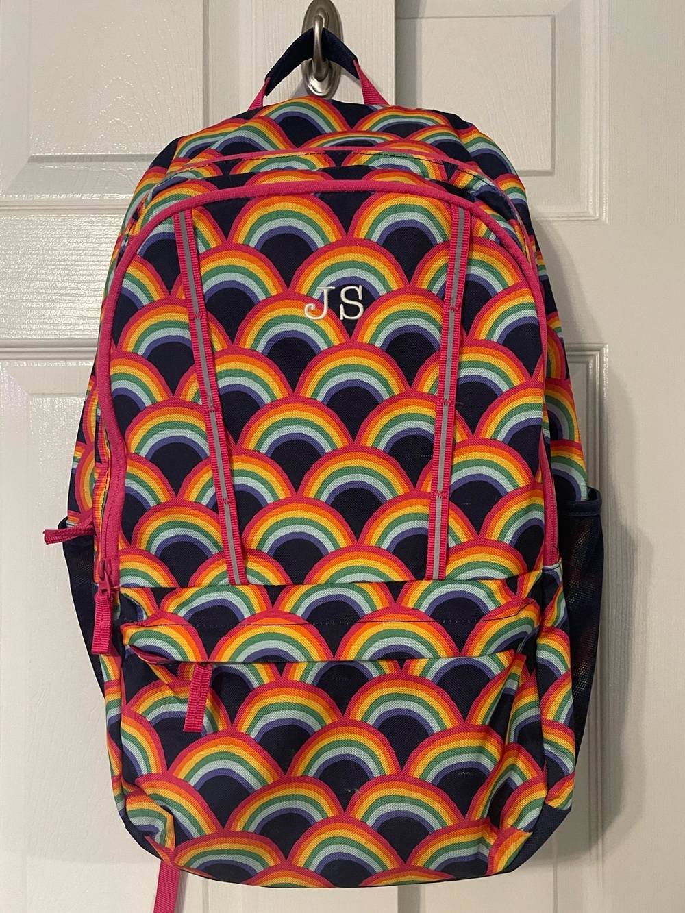 Lands' End Kids ClassMate Large Navy Backpack with Rainbow Print and Pink Trim
